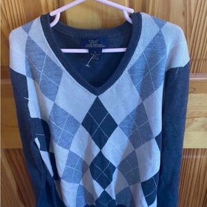 Brooks Brothers V-Neck Argyle Sweater - Gray and Cream + brown